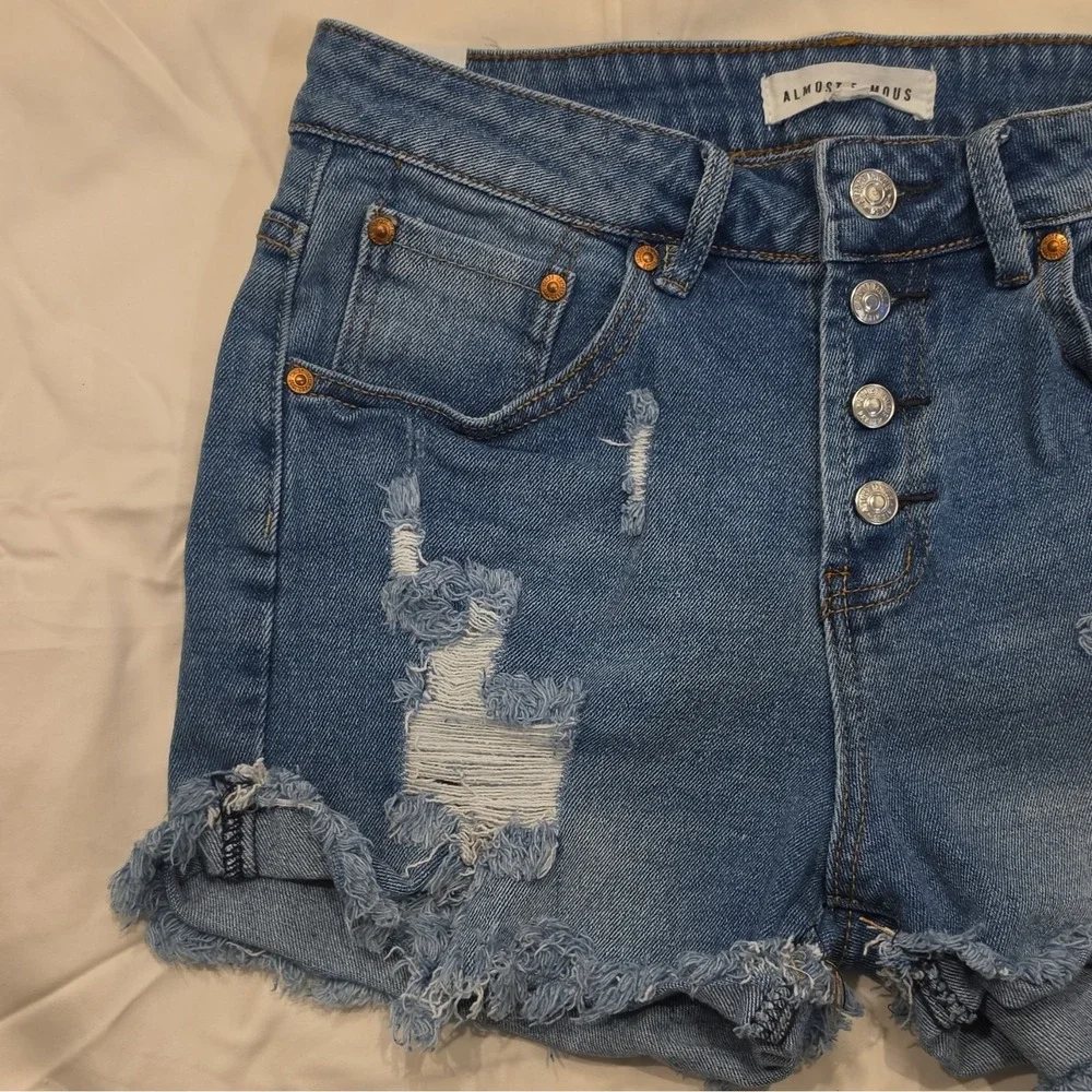 Almost Famous Juniors High Rise Distressed Cut-Off Denim Shorts 7 Blue #97